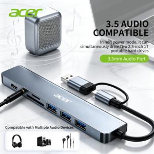 Acer USB-C 허브 도킹 , USB 3.0 5Gbps 데이터 전송, USB-C to USB 어댑터 (USB-A 및 Type-C 커넥터 포함), 4개의 USB 포트, SD/TF 카드 리더기, Macbook 노트북 아이패드 태블릿 PC용 3.5mm 오디오 잭