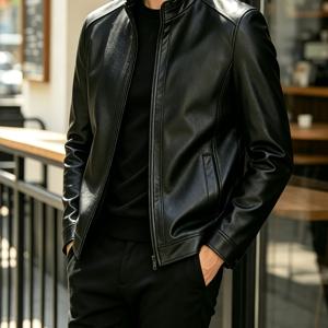 남성용 솔리드 블랙 지퍼 PU 재킷, 긴소매 스탠드 칼라 경량 방풍 비즈니스 캐주얼 복장용 다용도 상의