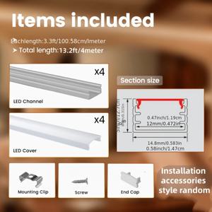 4개 3.3ft 선형 LED 트랙 조명기구, 디퓨저 포함 매립형 조명, 알루미늄 트랙, 장착 액세서리 포함, U자형 조명 시스템, 외부 전원 공급 장치 불필요, 가구, 계단용