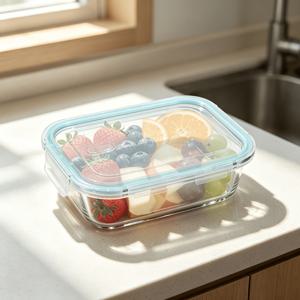 1050ml 뚜껑 있는 유리 도시락통, 식품 보관 용기, 점심 용기, 밀폐용기 유리병, 주방용 및 전자레인지 사용 가능, 투명한 블루