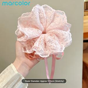 Marcolor 스위트 러플 튤 레이스 플로럴 헤어 스크런치, 다양한 색상 옵션, 부드러운 시스루 러셔드 엣지 리본 헤어밴드, 정교한 투명 헤어 액세서리, 사무실 및 캐주얼 의상에 이상적, 헤어반머리용으로 적합