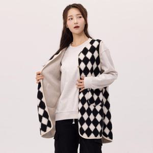[텐제로] 여성 간절기 아가일 뽀글이 양털조끼 롱기장 후리스 Bon-2599L