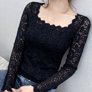 여성용 섹시 레이스 대비 긴 소매 탑 - 스퀘어 넥 반투명 블라우스, 슬림핏, 사계절 내내 활용 가능한 캐주얼 & 포멀 의상용, 우아한 패션, 고급스러운 제작