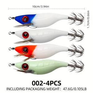 혼합 색상 4개/세트 10cm/3.94인치 야광 나무 새우 미끼, 이중층 오징어 문어 집게 미끼, 스테인리스 스틸 및 캔버스 ABS 소재, 붉은 눈의 사실적인 디자인, 야외 낚시에 매우 적합