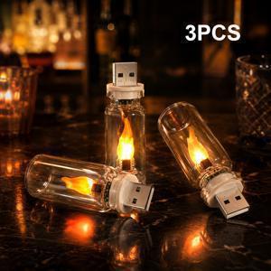 3개 USB 플러그인 깜박이는 불꽃 야간 조명, 현실적인 불꽃 없는 양초 램프, 투명한 유리 앰비언트 장식 조명 (침실, 자동차, 바, 파티, 캠핑, 휴일 장식용)