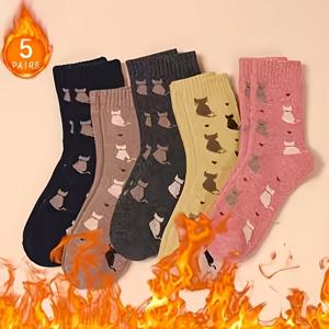 5켤레 여성용 아늑한 캐주얼 패션 고양이 프린트 미드 카프 양말