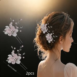 화이트/핑크 작은 흰색 꽃 머리 포크 2개, 우아하고 우아한 여성용 헤어 액세서리, 머리 정리핀, 올冊, 일상 외출, 결혼식, 고급 연회, 생일 파티, 친구 모임용