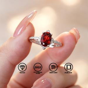 천연 가닛 스털링 실버 여성용 기념일 반지, 5x7mm 1캐럿 오벌컷 천연 가닛 세팅, 우아하고 섹시한 액세서리, 1월 탄생석, 천연 레드 주얼리, 데일리용, 사랑하는 사람을 위한 휴일 선물