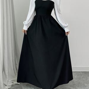 흑백 프린트 패치워크 롱 스커트, 여성용 패셔너블하고 우아한 긴팔 원피스, 가을/겨울 원피스. 가을 패션 트렌드, 여성 가을 의류, 여성 원피스, 할로윈 코스튬, 크리스마스 코스튬, 여성 가을 패션, 여성 가을 원피스, 가을/겨울 원피스