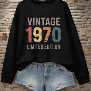 빈티지 1970 에디션 그래픽 프린트 스웨트셔츠, 크루 넥 캐주얼 스웨트셔츠, 가을 & 봄용 여성 의류