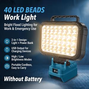 1개 LED 작업등, 마키타 18V 배터리 호환, 180도 후크 디자인, 2단계 조절 가능 플러드 라이트, USB 포트 2개 포함, 비상 및 작업 현장용, 배터리 미포함! (본체만 해당)