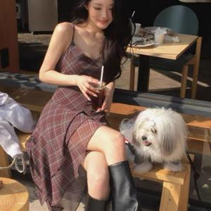 여성 가을 봄 뷔스티에 원피스 가디건 세트 체크 패턴 어심메트릭 플레어 미디롱 투피스 빈티지 로맨틱 데이트룩