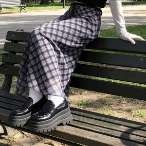 아티스틱 레트로 체크 컬러 블록 기본 쉬폰 패치워크 미디 스커트 타이업 캐주얼 롱 드레스