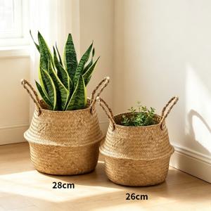 2개입 [26Cm X 28Cm] 손잡이 달린 가정용 원형 수납 바구니, 대용량 수납 바구니, 다기능 접이식 수납 바구니, 거실 꽃병 장식, 식물 장식 및 수납에 매우 적합, 재사용 가능, 선반 바구니