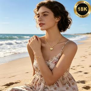 [2개 세트 - 고품질 18K 금도금 우아한 하트 펜던트 목걸이 및 팔찌] 올 시즌 다용도 주얼리, 다용도 주얼리, 데일리 파티, 모임, 연회, 데이트, 해변 및 해변 주얼리 추가에 적합