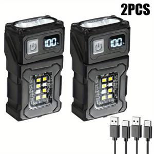 2개입 고루멘 충전식 LED 손전등 | 디지털 전원 디스플레이, COB 사이드 라이트, 마그네틱 테일, IP44, 90° 회전식 헤드, 7가지 모드, 포켓 클립이 있는 초고휘도 휴대용 손전등 | 가정, 비상 상황, 정비공, 수리, 일상 휴대용 (블랙)