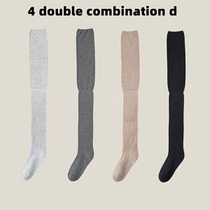 여성용 오버 더 키니 삭스 4켤레, 봄/가을용 화이트 롱 오버 더 키니 삭스, 단색, 쌓인 허벅지, 스플라이스 하이 에어컨 삭스, 무릎 패드, 메쉬 삭스, 미끄럼 방지 레깅스, 그리고 짧은 부츠가 있는 회색 블랙 무릎-허벅지 부츠