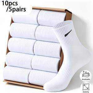 남성용 중목 스포츠 양말 10개/5켤레, 봄, 여름, 가을용 편안한 심플한 흑백 캐주얼 비즈니스 양말