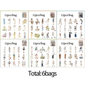 스티커 6봉지, 풍부한 패턴의 소재 스티커, 십대 소녀 캐릭터 스티커 팩, 빈티지 의상 소녀 저널 콜라주 소재, 저널, 일기, 사진 앨범, 휴대폰 케이스, 데스크탑, 여행 가방용, DIY 장식 데칼, 스크랩북 스티커