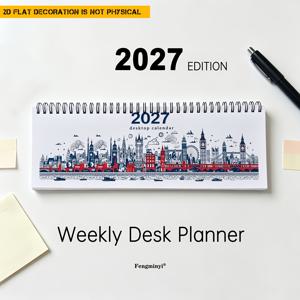 2027년 영국 시티 실루엣 긴 직사각형 데스크 캘린더 1개, 월별 계획 페이지가 있는 나선형 바인딩, 스케줄 메모 계획 캘린더, 사무실 계획, 데스크탑 장식에 적합; 실용적인 선물, 고급스러운 새해 선물