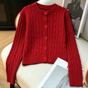 여성 스웨터 재킷, 봄 가을 우아한 단색 케이블 가디건, 한국 스타일 라운드넥 싱글 버튼 숏 루즈 롱 슬리브 가을 겨울 베이스 레이어 오버웨어 탑