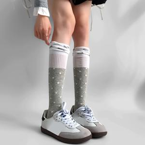 플러스 사이즈 여성용 컬러 블록 물방울 무늬 니하이 삭스 1켤레, 레트로 패치워크 스태킹 롱 삭스, 부드럽고 통기성 좋은 종아리 삭스, 라이트 블루 물방울 프린트에 회색 핑크 탄성 커프