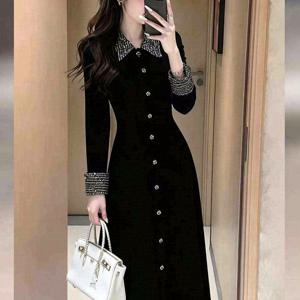 2026년 가을 신상 여성 블랙 긴팔 플리츠 드레스 프렌치 시크 엘레강트 턴다운 칼라 허리 묶음 M-4XL