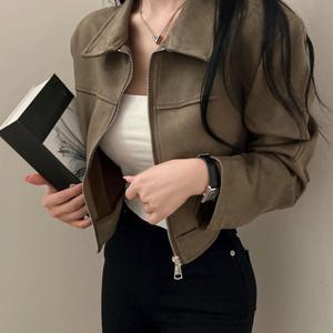 TRUEFES 여성 숏 자켓 가을 지퍼 오픈 디자인 칼라 디테일 독특한 외형 디자인 루즈핏 긴팔 캐주얼 다용도 상의