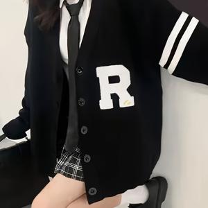 한국 스타일 프레피 패션 대비색 레터 가디건 아우터 가을 겨울 일본 빈티지 게으른 버튼업 가디건 스웨터