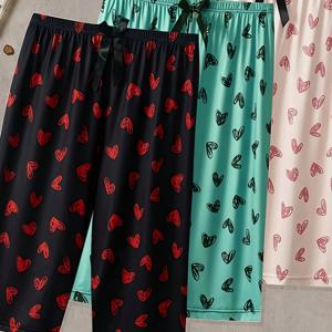 3pcs 플러스 사이즈 하트 프린트 오버사이즈 슬립팬츠 - 루즈핏 세트, 다양한 체형에 적합한 기계 세탁 가능한 파자마 하의 (상의 불필요)