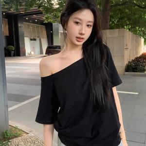 여름 Y2K 캐주얼 패션 루즈핏 다용도 단색 원넥 반팔 티셔츠 여성 오프숄더 탑