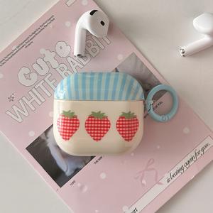 블루 격자 딸기 + 원형 이어폰 케이스 (Apple Airpodspro2 케이스/ 케이스/Airpods4 케이스/Airpods3 케이스/Airpods2 케이스용)/패션 여성 이어폰 케이스/간편 이어폰 케이스