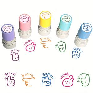 자동 잉크식 손가락 스탬프 키트 5개, 프렌치 엄지척 스탬프 포함, 교실 보상, 교사 피드백, 스크랩북킹에 적합 - 즉석 잉크 리필 가능 스탬프, 화학 물질 무첨가, 지속적 사용 및 사무용품용, 화학 물질 없음, 지속적 사용 및 사무용