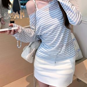 오토넘 퓨어 디자이어 스타일의 노치드 라펠 긴팔 티셔츠, 얇은 레이스 패치 슬림핏 오프숄더 탑, 봄여름 레이스 패치 블라우스, 다재다능한 탑