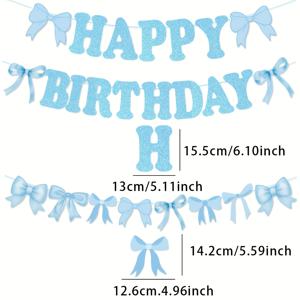 25개 귀여운 핑크 & 블루 리본 글리터 종이 생일 배너, 블루 리본 장식 글리터 포함. 나비 매듭 꽃 링. 여성 파티 장식. 여성 생일 파티에 적합 (블루)