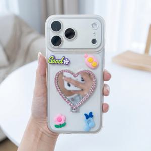 멀티 컬러 귀여운 반짝이는 하트 모양 라인석 1개 휴대폰 거치대 거울 + 스티커 4개 (랜덤 스티커) 접이식 휴대폰 그립 거치대, 세로형 화장 거울 거치대, 모든 휴대폰 모델과 호환