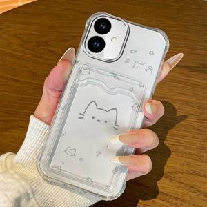 귀여운 고양이 머리 투명 카드 슬롯 커버 휴대폰 케이스, 삼성 갤럭시 S26 ULTRA S25 플러스 A07 S24 FE A56 A17 A15 A55 A35 A26 A36 A54 A14 A25 A34 A52 A32 A24 A53 S20 A13 A33 A50 S23 A71 S21 A23 지갑형 카드 홀더 클리어 소프트 케이스