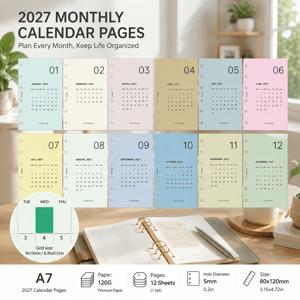 A6/A7 파스텔 2027년 월간 캘린더 리필 페이지, 미리 펀칭된 루스 리프 플래너 삽입, 12매 월간 스케줄 교체 용지 (저널 노트북용)