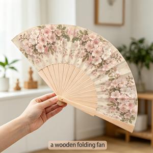 [23Cm 나무 접이식 선풍기] 1개 레트로 핑크 화이트 플로럴 프린트 경량 나무 접이식 선풍기, 야외 필수품, 휴대용 냉각 장치 (해변 및 파티용), 여름 모임 및 뮤직 페스티벌 분위기 필수템, 가볍고 내구성 좋음