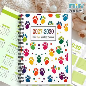 2D 플랫 플래너 1개 A5 사이즈 2027-2030년 월별 캘린더, 4년 월별 플래너, 발자국 테마 커버 디자인, 4개월 플래너 노트북, 연간 캘린더, 월 레이블, 48개월 캘린더, 탄성 클로저, 친구 및 동급생을 위한 휴일 선물
