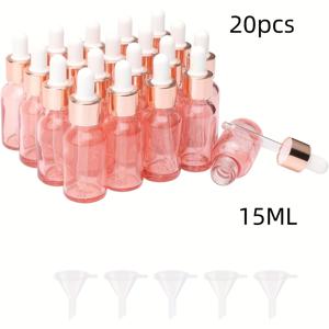 20개 0.51oz 유리 드로퍼 병과 유리 드로퍼, 핑크 샘플 드로퍼 병 빈 여행 필수 오일 향수 유리 티눈처 병, 5개의 깔때기 포함
