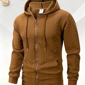 가을 겨울 남성 니트 텍스처 후드 재킷, 3D 브레이드 텍스처 단색 캐주얼 코트, 레트로 문학 카디건, 풀 지퍼 클로저, 양면 슬란트 포켓, 골지 커프스 및 밑단, 조절 가능한 드로스트링 후드, 스포츠 및 데일리 웨어에 적합