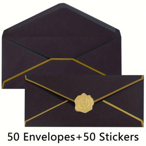 50장 V-플랩 비즈니스 봉투, 골드 테두리 #10 봉투, 150gsm 종이, 골드 스티커 포함, 사무실, 수표, 편지 발송용, 9.45 X 4.13 인치