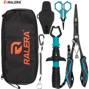 RALERA 낚시 장비 키트 6종, 스테인리스 스틸 분리형 링 후크 제거기 PE 라인 낚시 플라이어, 시어트, 끈, 립 그립퍼, PE 브레이드 라인 낚시 가위, 낚시 태클 가방, 아이스 플라이 낚시 장비 키트, 남성용 낚시 선물