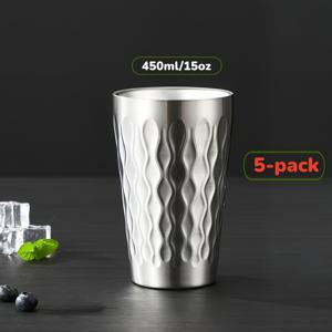 파이어 패턴 304 스테인리스 스틸 이중벽 컵 5개, 450ml/15oz, 열과 수분 보존을 위한 이중벽 중공 디자인, 지문 방지, 물, 커피, 차, 아이스 음료, 우유용, 가정, 파티, 야외용