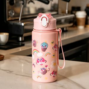 귀여운 휴대용 스포츠 물병 빨대 컵 1개 500ml, 만화 공룡 패턴, 캠핑 야외 가정용 물병, 랜덤 컵 뚜껑 포함