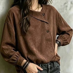 여성용 딥 커피 인조 스웨이드 라펠 탑, 디자인에 집중된 버튼 랜턴 슬리브 드로스트링 허리 숏 셔츠, 인조 사슴 스웨이드 탑