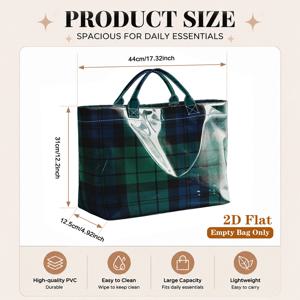 TELBREAK 스코티시 타탄 재사용 가능한 장바구니 1개 - 여행, 쇼핑에 적합한 대형 PVC 토트백, 스코티시 블루 그린 체크무늬, 일상용 토트백, 크리스마스 선물, 할로윈, 부활절, 발렌타인데이 선물용, 2D 평면