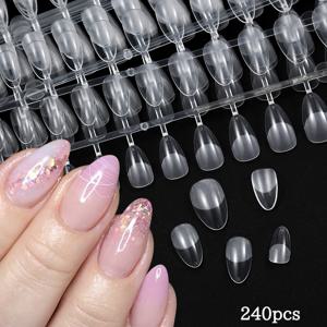 240개 풀 커버 숏 아몬드 매트 네일 팁, 매트 클리어 프리 버퍼드 인조 네일, 네일 살롱용 풀 커버 인조 네일 팁, 매니큐어 익스텐션 용품, 네일 아트 제작용 네일 추가 프레스온