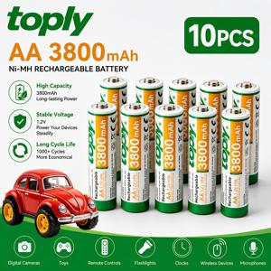 Toply Ni-MH AA 충전지 3800mAh, 일상용 장기 사용 수명 배터리 20개/10개입